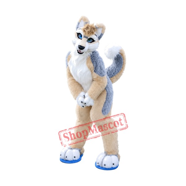 Friendly Brown & Gray Husky Dog Mascot Costume Friendly Brown & Gray Husky Dog Mascot Costume