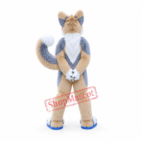 Friendly Brown & Gray Husky Dog Mascot Costume