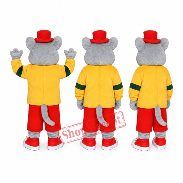 Gray Mouse In Yellow And Red Outfit Mascot Costume Gray Mouse In Yellow And Red Outfit Mascot Costume