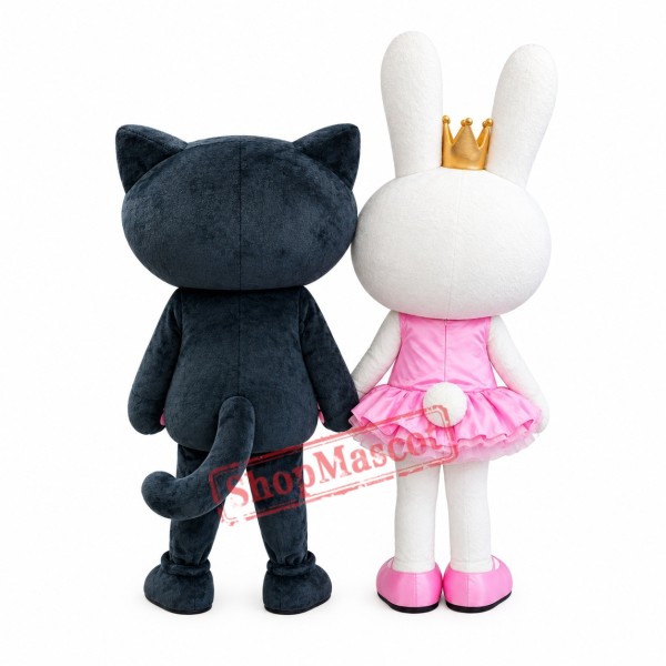 Cute Black Cat & White Pink Rabbit Mascot Costume Cute Black Cat & White Pink Rabbit Mascot Costume