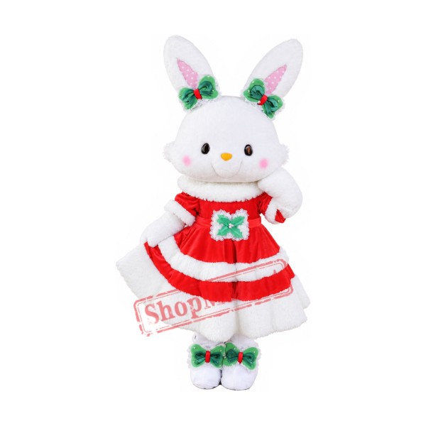 White & Pink Rabbit Bunny Mascot Costume With Red Dress