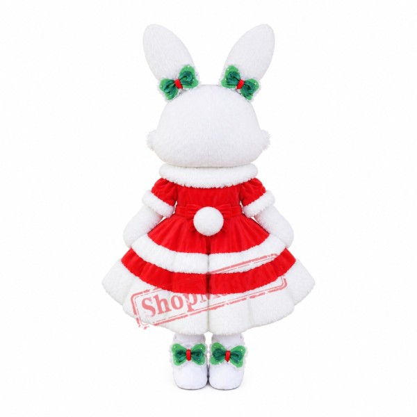 White & Pink Rabbit Bunny Mascot Costume With Red Dress White & Pink Rabbit Bunny Mascot Costume With Red Dress