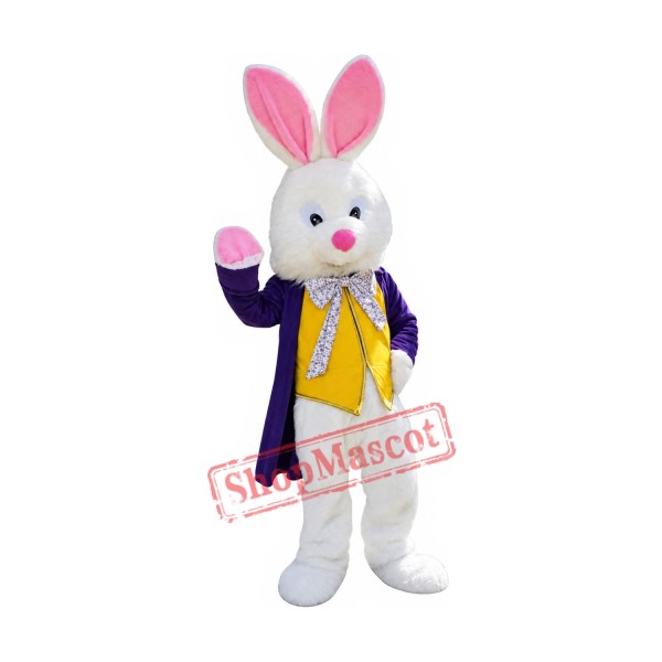 Friendly Easter Bunny Mascot Costume With Purple Suit Friendly Easter Bunny Mascot Costume With Purple Suit
