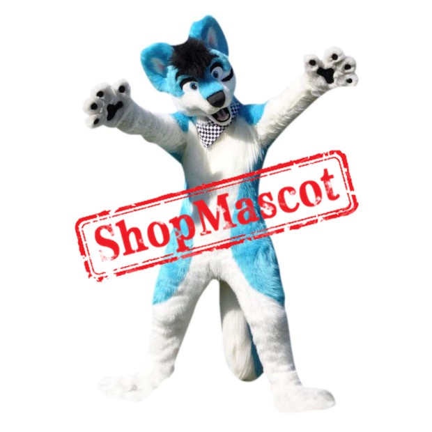 White & Blue Wolf Mascot Costume
