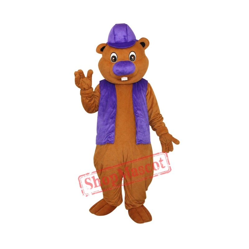Beaver In Purple Hat Mascot Costume