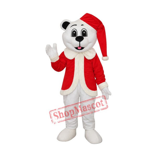 White Bear with Santa Hat Adult Mascot Costume Free Shipping