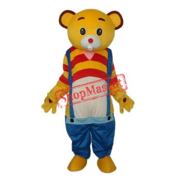 Yellow Bear Wear Blue overalls Mascot Adult Costume Free Shipping