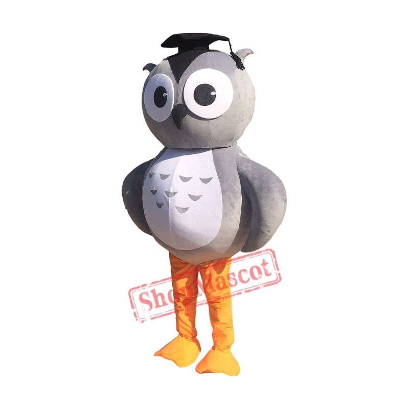 Grey Owl Mascot Costume with Doctorial Hat Grey Owl Mascot Costume with Doctorial Hat