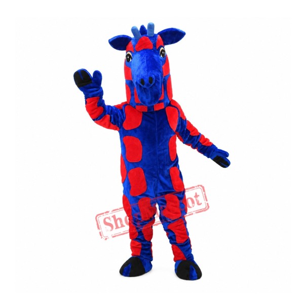 Blue & Red Realistic Giraffe Mascot Costume