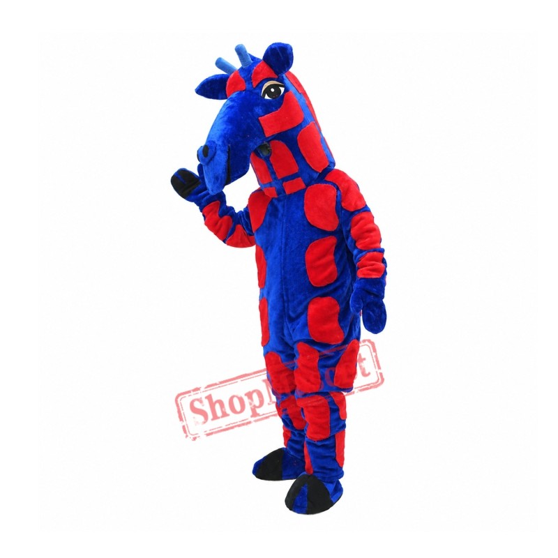 Blue & Red Realistic Giraffe Mascot Costume